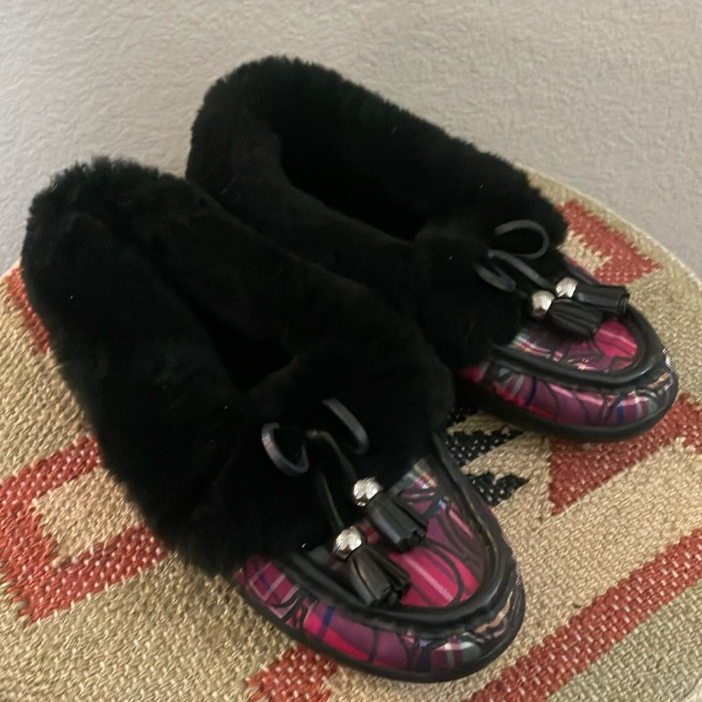 Coach Fiona Printed Fur Lined Shearling Moccasin Slippers Sz:7M